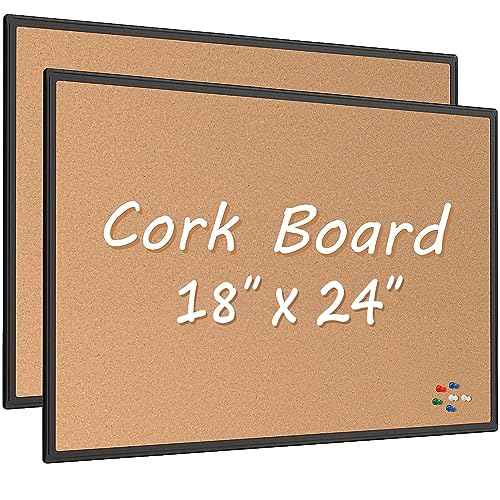 Board2by 2-Pack Cork Board Bulletin Board 24 x 18, Black Aluminium Framed Corkboard, Office Board for Wall Cork, Large Wall Mounted Notice Pin Board with 32 Push Pins for School, Home & Office