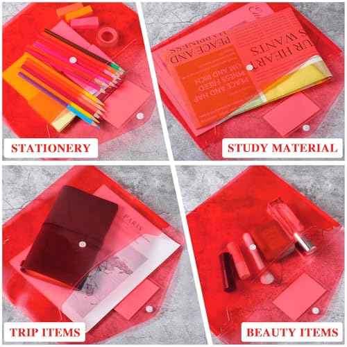 Lincia Plastic Envelopes A4 Size Poly Envelopes File Folders Work Document Holder Office Paper Plastic File Organizer with Label Pocket Snap Button Home Bag for School (Clear Red,48 Pcs)