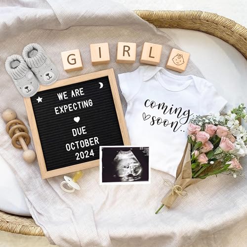 Coming Soon Baby Announcement Ideas, Surprise Pregnancy Announcement for Grandparents Dad Husband Family- Gender Reveal Baby Shower Gifts- Felt Letter Board, Onesie,Booties, Wooden Blocks