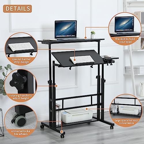 AIZ Adjustable Computer Rolling Desk Cart on Wheels Home Office Workstation, Portable Laptop Tall Table for Standing or Sitting, Black