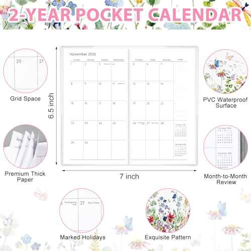 ReliThick 2026-2027 Pocket Calendar for Purse Small Monthly Planner Notebook with PVC Cover Pocket Calendar Journals Notepads Appreciation Gift for Women Mom Friends Teacher (Wildflowers)