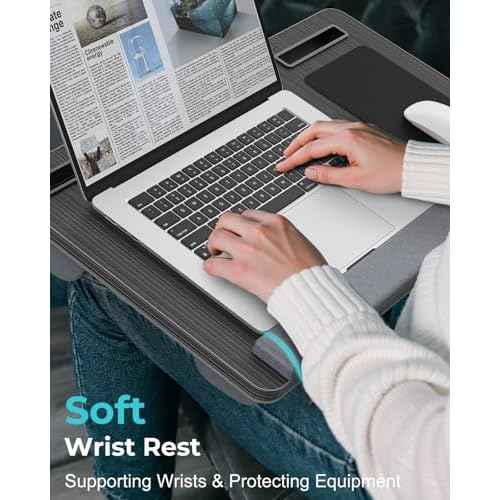 Lap Desk - Up to 17¡± Laptop Tray with Wrist Rest, Portable Handle, Fixed Mouse Pad, Tablet & Phone Slots, Laptop Stand for Bed with Cushion (Black)