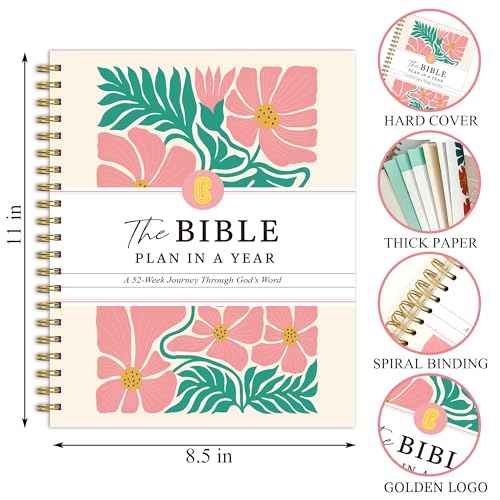 The Bible in a Year: A 52-Week Study Bible Study Guide, Spiral Bible Journal with Thick Paper & Hard Cover for Women | Ideal for Daily Devotions, Group Study, Home/Church