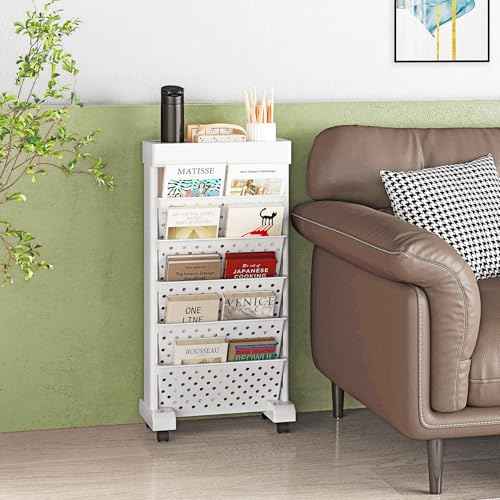BYFU 6-Tier Movable Bookshelf Cart, Rolling File Paper Storage Organizer Mobile Bookcase with Wheels for Home Office Study Classroom, White
