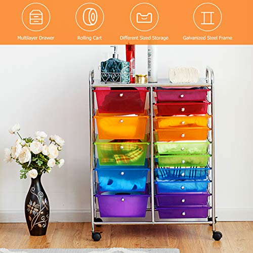 GOFLAME Rainbow 15-Drawer Rolling Storage Cart with Removable Drawers & Lockable Wheels