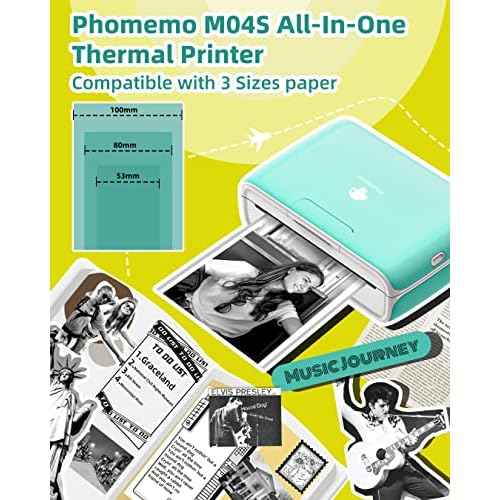 Phomemo M04S Mini Stciker Printer, Wireless Portable Thermal Printer Sticker Maker- Compatible with iOS and Android, Fun Gifts for Holiday,Support 53/80/110mm Printing Width,Green, 300dpi