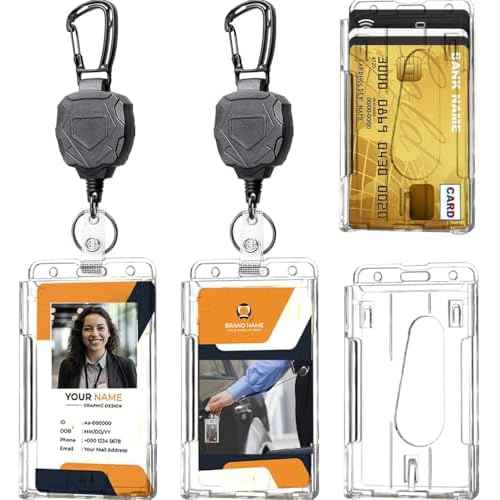 Badge Holder Retractable Clip Heavy Duty Carabiner Badge Reel Keychain with Lanyard ID Cards Holder(2 Pack)