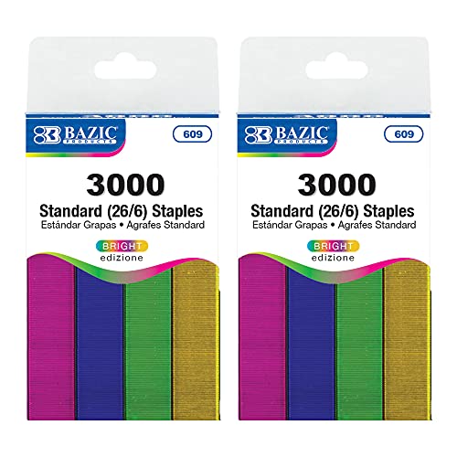 BAZIC 26/6 Staples, 3000 Count, Metallic Colors, 2-Pack