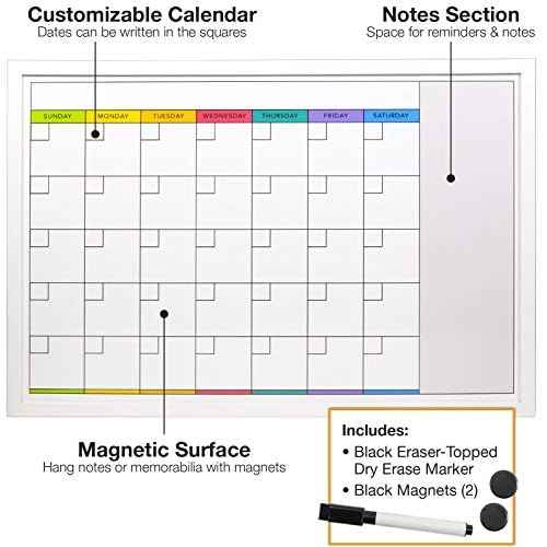 Excello Global Products Magnetic Dry Erase Calendar Whiteboard: Large 20"x30" Weekly Monthly Format Reminder Note Section Planner Erasable Wall Mounted Office School White Board