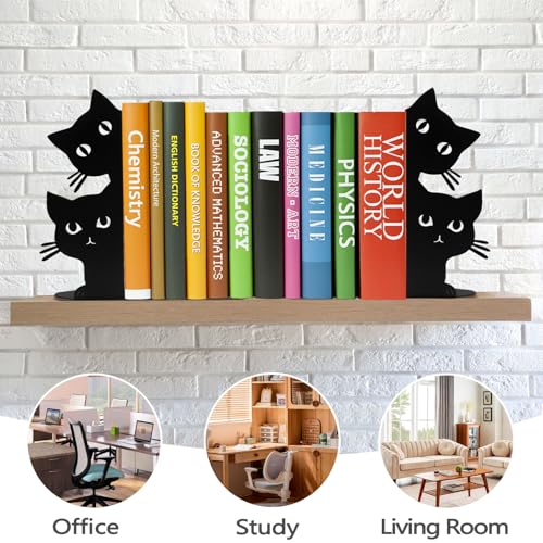 ENCIMART Black Peeping Cat Bookends - Decorative Heavy Metal Book Ends for Shelves
