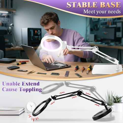 10X 30X Large Magnifying Glass with Light and Stand, 5-inch Lighted Magnifier, 72 LED 3 Color Modes Stepless Dimmable, Hands-Free Magnifying Glass Desk Lamp for Reading Craft Hobby Close Work White