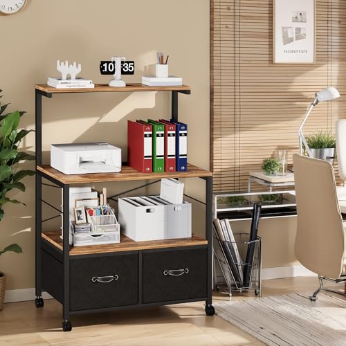 VECELO Lateral File Cabinet with 3 Shelf, 2 Drawer File-Cabinet on Brakeable Wheels, Large Printer Stand with Open Storage Shelf fits Letter Size for Home Office, Brown