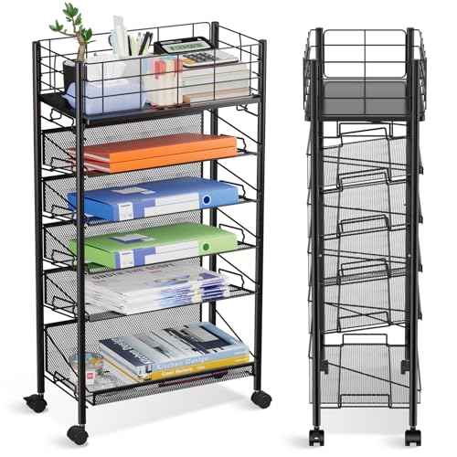 Rolling File Cart with Wheels, 6 Tier Metal Rolling File Organizer Cart Beside Desk,Mobile Book Carts with Wheels for Office Home School Teacher Classroom Paper Letter Organization,Black