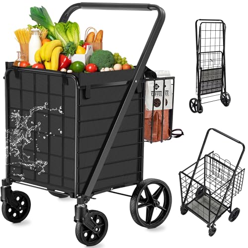 Spurgehom Grocery Cart on Wheels Folding Shopping Carts for Groceries 140L Jumbo with Removable Liner and Double Basket, 360¡Æ Rolling Laundry Cart Lightweight Trolley for Seniors 400 LBS Capacity