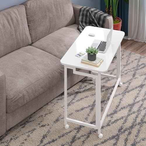 4NM 31.5" Mobile Small Rolling Computer Desk, Folding Laptop Cart Table with Wheels, Portable Office Desk for Small Space Couch Bed - All White