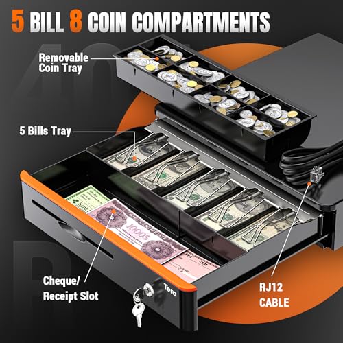 Tera 16" Cash Register Drawer 5 Bill 8 Coin with 6 Keys, Media Slot, RJ12, 405R (Black)