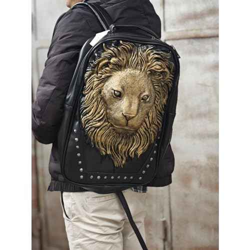 Berchirly Men Pu Leather Lion Head Backpack Women Fashion Casual Travel Hiking Daypack Laptop Bag Backpacks