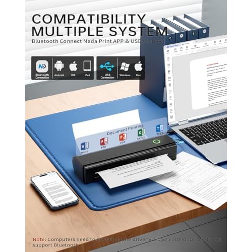 Portable Printers Wireless for Travel, N80 Wireless Thermal Printer Bluetooth Inkless Printer Support 8.5" X 11" US Letter & A4 Size, Compatible with iOS, Android, Laptop for Office, Home, Car, Black