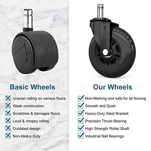 TICONN Office Chair Caster Wheels Set of 5 for Tile, Hardwood Floors and Carpets, Universal Fit for Most Chairs (Black)