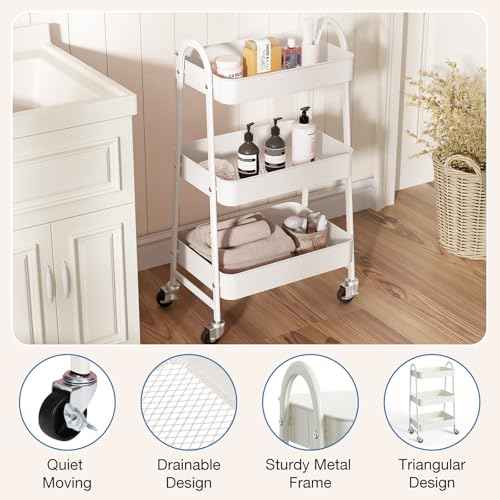 OLIXIS 3 Tier Utility Rolling Cart with Lockable Caster Wheels, Metal Mobile Storage Shelf, Organization for Livingroom, Bathroom, Kitchen, & Narrow Places, Cream White