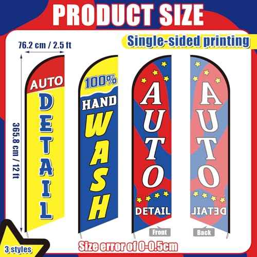 3 Pack Car Wash Sign Feather Flag 12 x 2.5 ft Auto Detail Hand Wash Windless Flags Large Advertising Feather Flag for Business Advertising