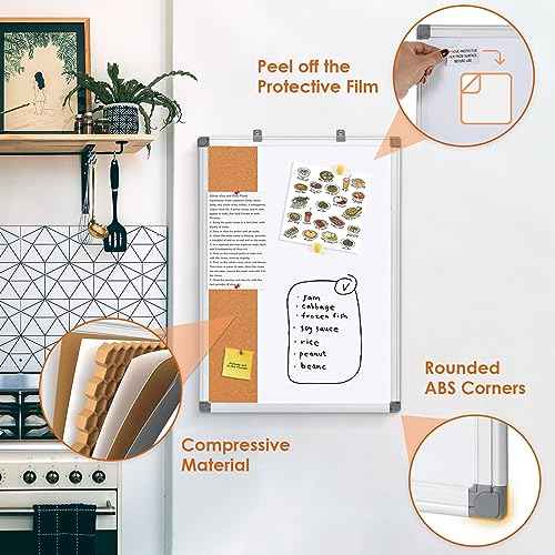 S SWANCROWN Magnetic Dry Erase and Cork Board Combo Hanging Whiteboard Notice Board for Wall Gift Home School Office, 36 x 24 Inches, with Maker/Pins/PenTray/Hooks