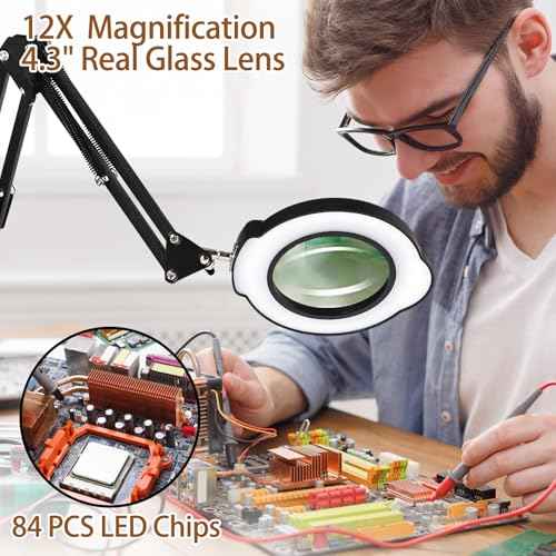 12X Magnifying Glass with Light and Clamp, Magnifier with Light Hands Free,84 LEDs Real Glass Lens Magnifying Lamp for Close Work, Repair, Reading, Craft (Black 2)