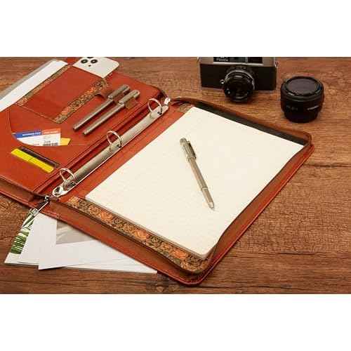 HYCLLLS Vegan Leather Portfolio, Brown leather Padfolio, 10x13.5 inch briefcase with 3 Ring Binder, Faux leather Portfolio fit for A4 Letter Size notepad, Leather padfolio for Men and Women
