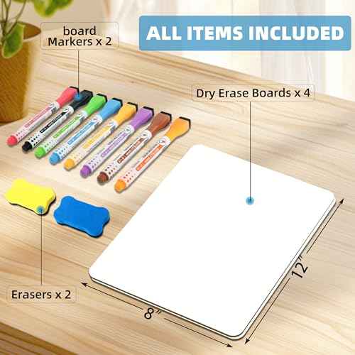 4PCS Small Magnetic Dry Erase Board Sheet for Refrigerator, Fridge Whiteboard for Kitchen, 12"x8" White Board Organizer and Planner with Stain Resistant Technology, Include 2 Eraser, 8 Markers