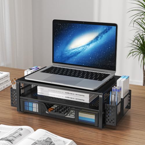 Simple Trending 20" W x 10" D Black Monitor Stand with Drawer & 2-Tier Design