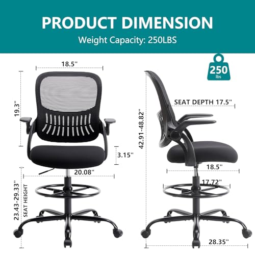 SMUG Drafting Chair with Flip-up Arms, Height Adjustable Standing Tall Office Desk Chair with Foot Ring, Ergonomic Swivel Computer Chairs with Rolling Wheels, Black
