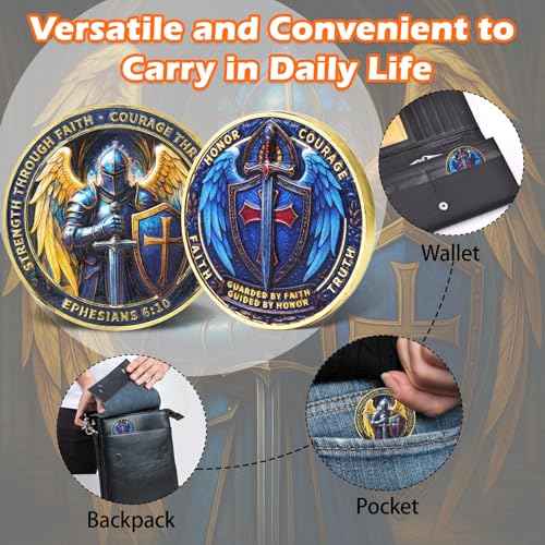 Christian Knight Challenge Coin Faith, Courage & Strength Armor of God Ephesians 6:10 Guardian Angel Warrior Shield and Sword Coin for Men and Women (Angel Knight-5 PCS)
