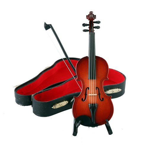 Wooden Miniature Violin with Stand, Bow and Case Mini Musical Instrument Replica Collectible Figurines, Mini Violin Model for Home Office Decor Birthday Christmas (2.36x0.83x0.47in)