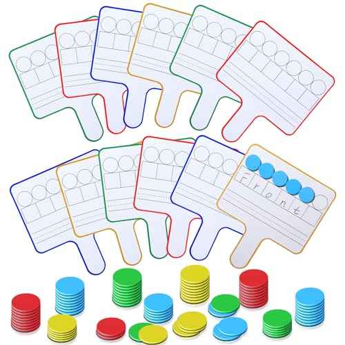 Seajan 12 Pcs Magnetic Paddle Set Education Dry Erase Double Side Handheld Answer Board with Magnetic Counters Discs Phonemic Awareness Phonics Games Toy for Students Kids Teaching (Multicolor)