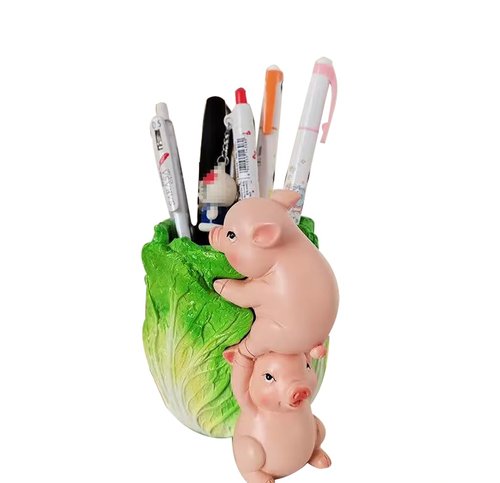 Fengtaike Desktop Pen Pencil Holder Organizer, Resin Pig Shaped Small Storage Organizer for Office Desk Decorations