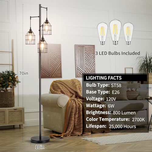 Sucolite 70" Dimmable Floor Lamp for Living Room, Industrial 3-Light Tree Floor Lamp Black with Cages, Farmhouse Rustic Tall Standing Lamp Floor Lighting for Bedroom Office, 3 Free LED Edison Bulbs