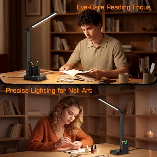 COZOO Black LED Desk Lamp with USB-C & AC Power Outlet, Pen Holder, Dimmable Office Light