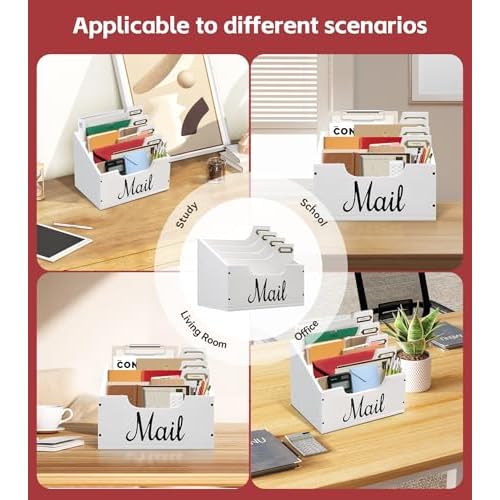 Mail Organizer Countertop, Desktop Mail Basket with 4 Slots, Wooden Mail Paper Holder, File Holders for Document Envelopes and Bills, Large Mail Holder and Classroom Mailbox for Office Home