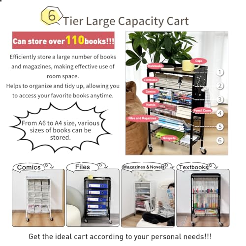 Lumizone Foldable Book Cart 6-Tier Large Capacity Bookshelf Single Sided V-Shaped Sloped Shelves With brake Wheels With PegBoard Slim Rolling Utility Cart Storage Rack, Home Shelves and Office (White)