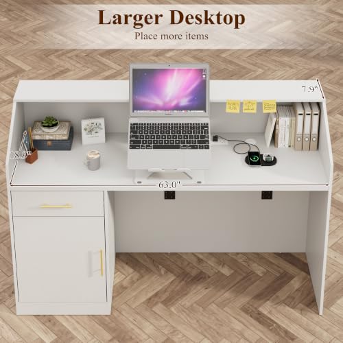 63in Modern Reception Desk with Built-in Power Station - Front Counter Table