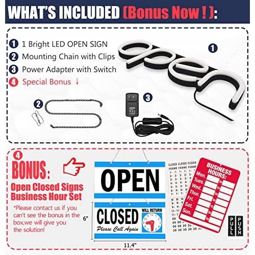 Open Signs for Business,LED Neon Open Sign,16x6 inch Lighted Sign for Restaurants Offices Retail Shops Window Storefronts,12V/1A Power Supply,with ON/OFF Switch (Horizontal White)
