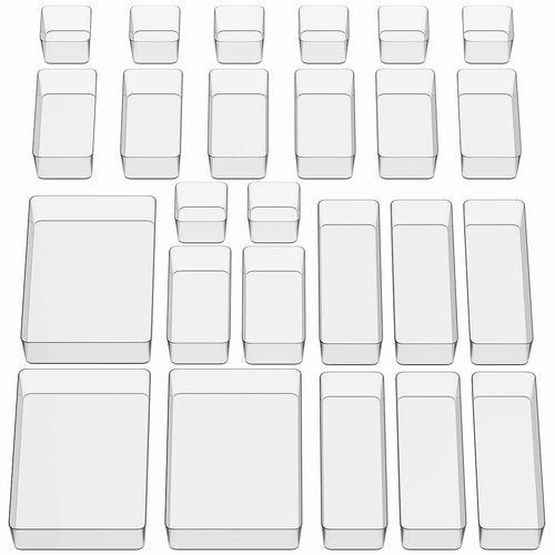 Kutesna 25 PCS Improved Large Drawer Organizer Set, Clear Plastic 4-Sizes Desk Organizer Trays, Drawer Dividers & Storage Bins for Office, Makeup Vanity, Kitchen, Bathroom, Jewelry, Gadgets