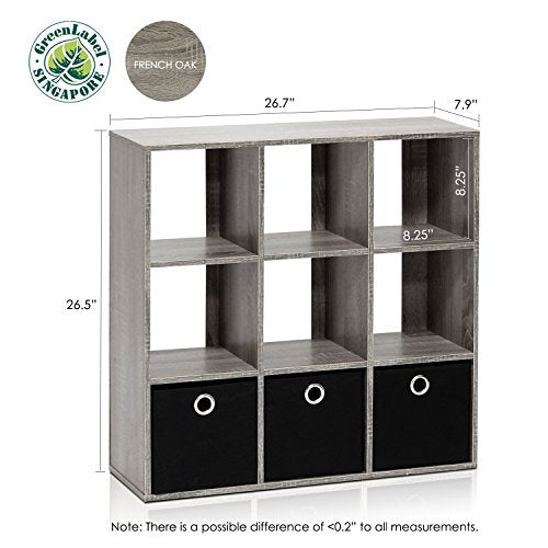 Furinno 9-Cube Storage Organizer with Bins in French Oak Grey, Space-Saving Bookcase