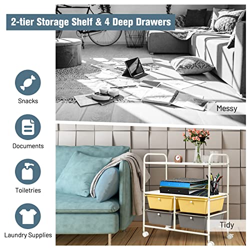 COSTWAY 4-Drawer Storage Cart, Mobile Storage Organizer w/Steel Frame & 360¡Æ Wheels, 4-Drawer Utility Cart for Living Room, Kitchen, Bathroom & Office, Yellow & Gray