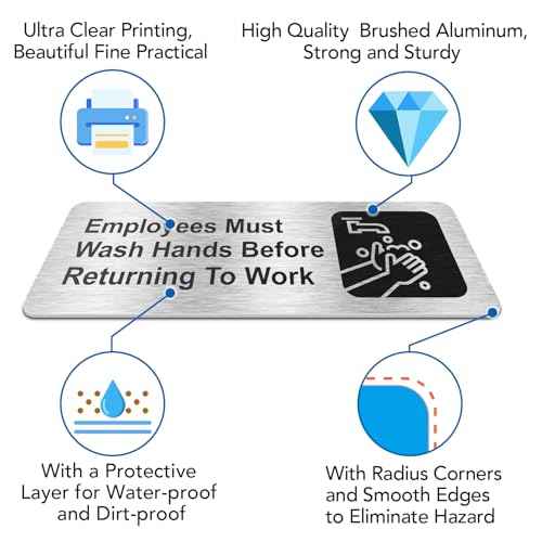 Faittoo Employees Must Wash Hands Before Returning to Work Sign, (4 Pack) Rust Free Brushed Aluminum Sign with Symbols, Self-adhesive, for Restaurant, Salons, Hotel, Rest Stops, Public Restrooms
