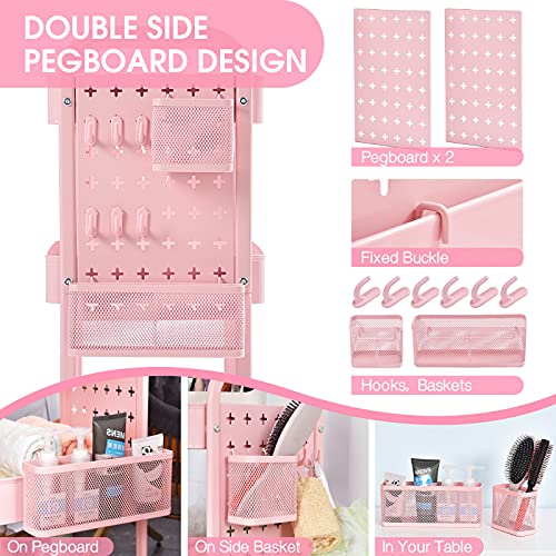 TOOLF 3-Tier Rolling Cart, Metal Utility Storage Cart with DIY Pegboards, Art Craft Trolley with Baskets Hooks, Organizer Serving Cart Easy Assemble for Office, Home, Kitchen, Classroom (Pink)