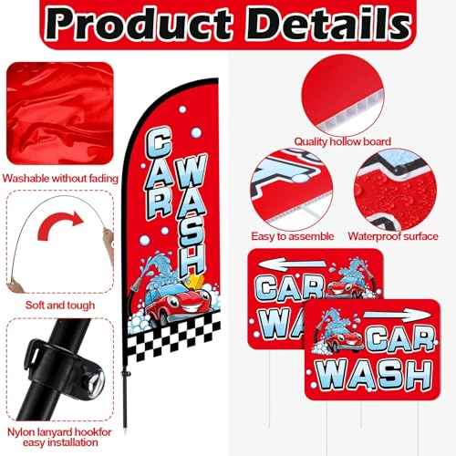 Car Wash Feather Flag Pole Kit Include 7 ft Banner Flag with Poles 5 Pcs Car Wash Sign and 10 Pcs Ground Stake for Outside Business Stores Shops Decoration