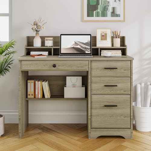 4 EVER WINNER Computer Desk with Drawers, Small Desk with Monitor Stand and File Drawer, Wood Desk with Storage, Writing Desk for Bedroom Home Offic, Grey