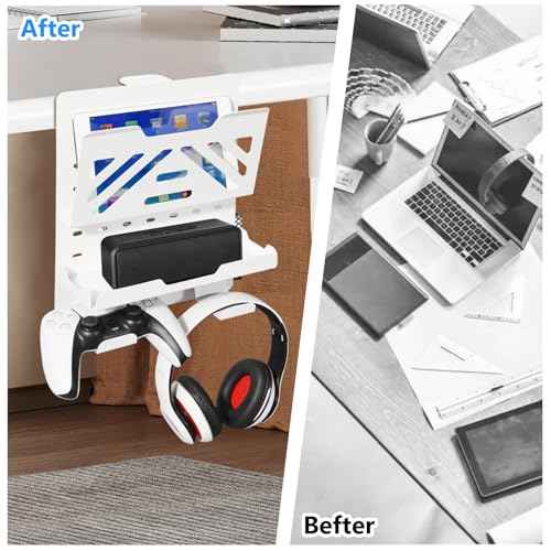 MAXECHO Desk Side Storage Holder, Metal Pegboard, Above or Under Desk Laptop Mount, Table Side Hanging File Organizer, Clamp On Cable Management Tray, Peg Board for Gaming, Office
