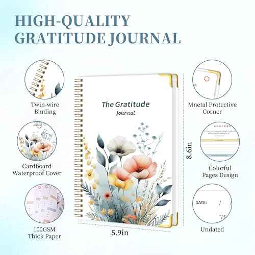The Gratitude Journal for Women Men, 5 Minute Daily Gratitude Journal Spiral with Prompts & Quotes for Self Care, Happiness, Affirmation and Mindfulness, Hardcover, 5.9"x8.6"